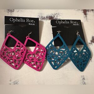 Ophelia Roe large wooden dangle earrings pink blue